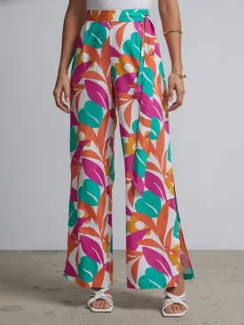 Linen-Blend Abstract-Print Wide-Leg Pant