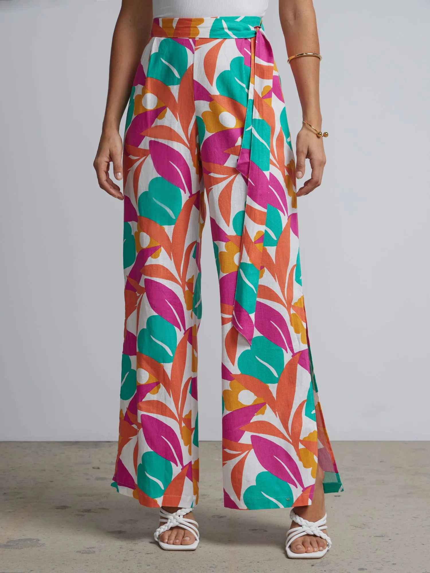 Linen-Blend Abstract-Print Wide-Leg Pant