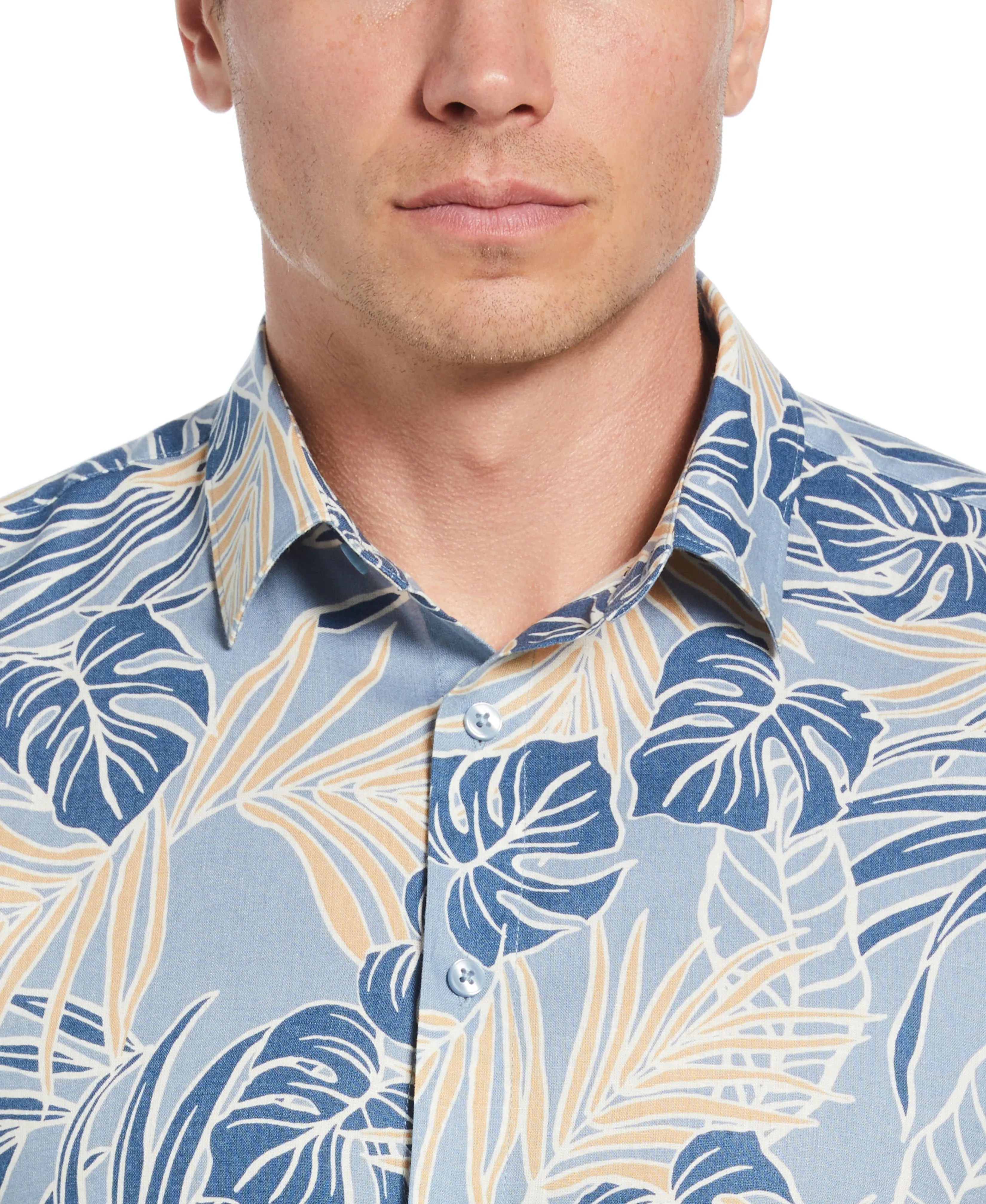 Linen-Blend Leaf Outline Print Shirt