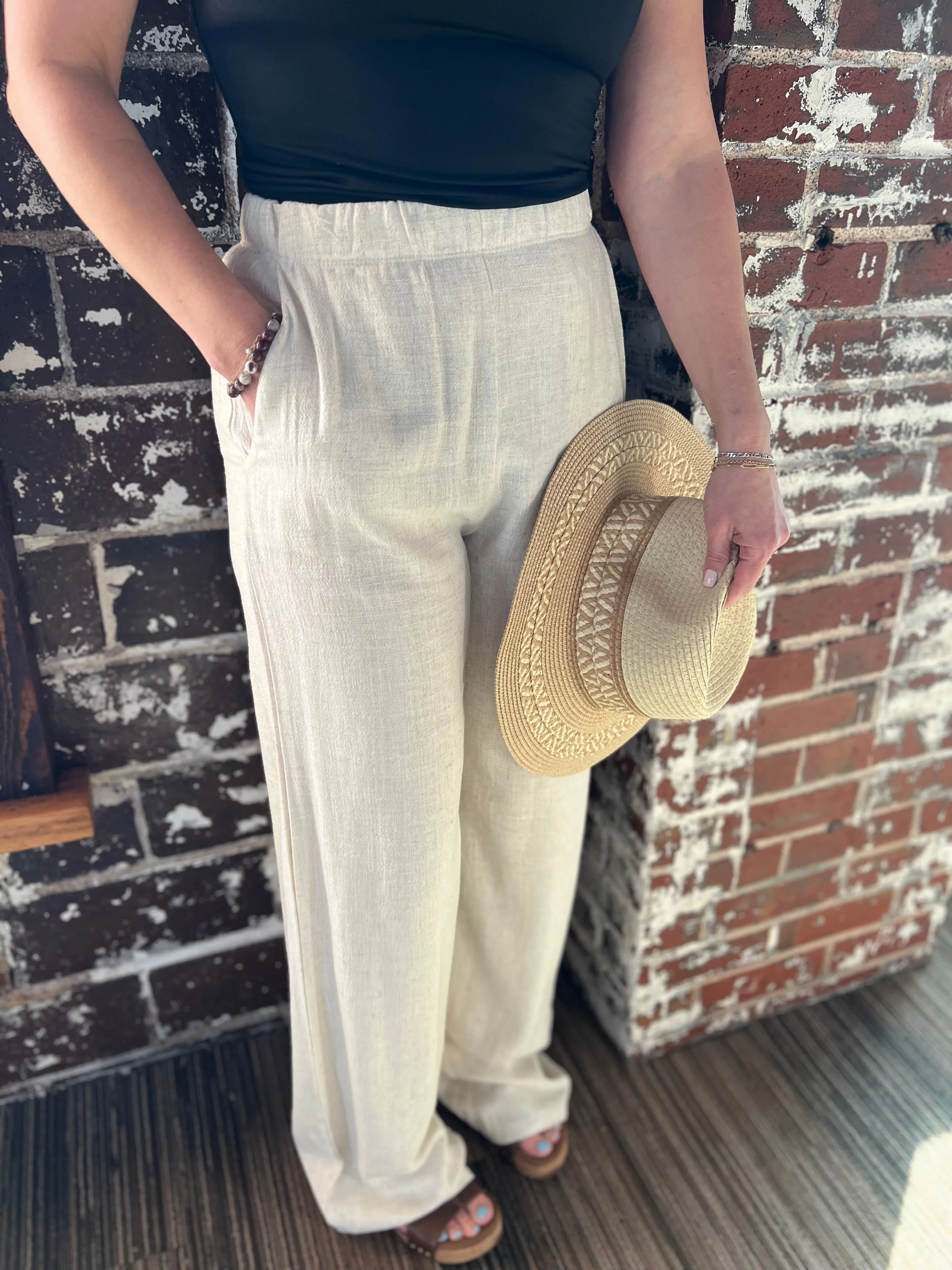 Linen Wide Leg Elastic Waistband Pants