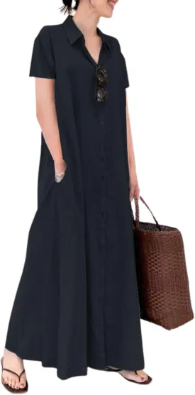 LOAIHA Women's Casual Button Down Cotton Linen Maxi Dress Long Sleeve Lapel Loose Plus Size Shirt Dresses with 2 Pockets