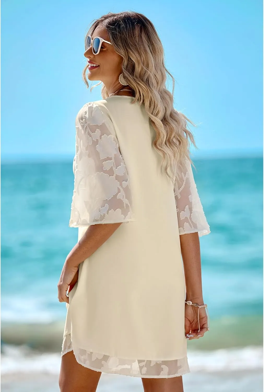 LookbookStore 3/4 Sleeve Dress for Women Shift Cute Summer Tunic Floral Lace Dresses