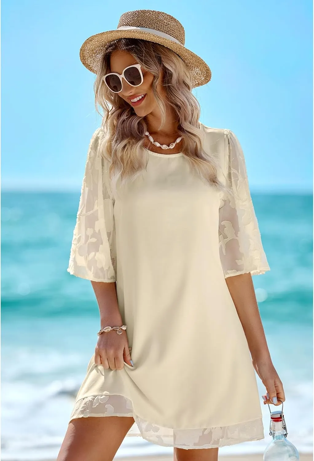 LookbookStore 3/4 Sleeve Dress for Women Shift Cute Summer Tunic Floral Lace Dresses