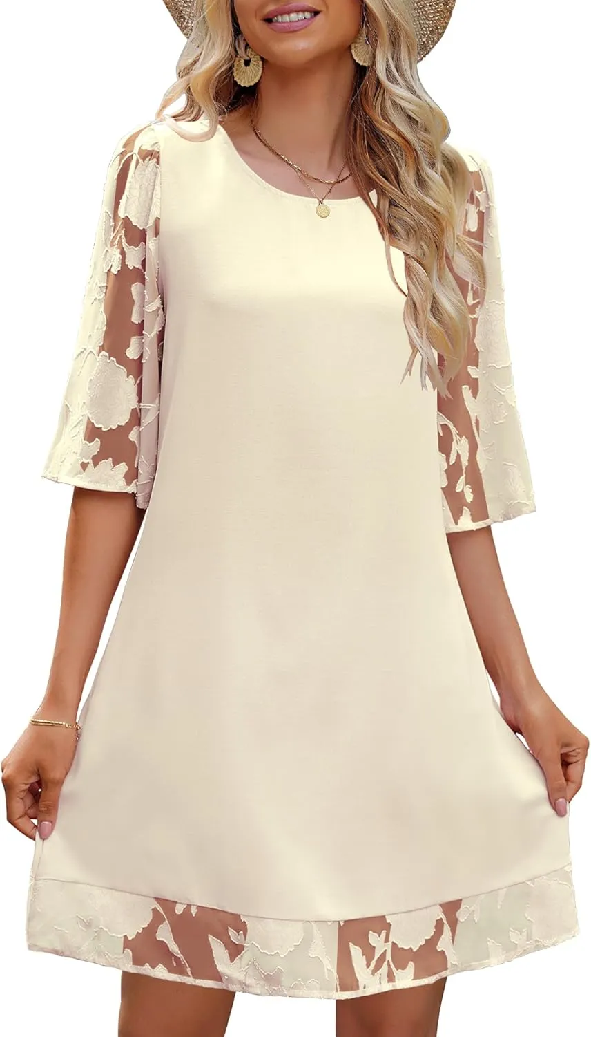 LookbookStore 3/4 Sleeve Dress for Women Shift Cute Summer Tunic Floral Lace Dresses