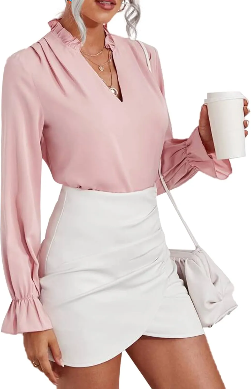 LYANER Women's Ruffle V Neck Solid Long Sleeve Chiffon Blouse Shirt Top