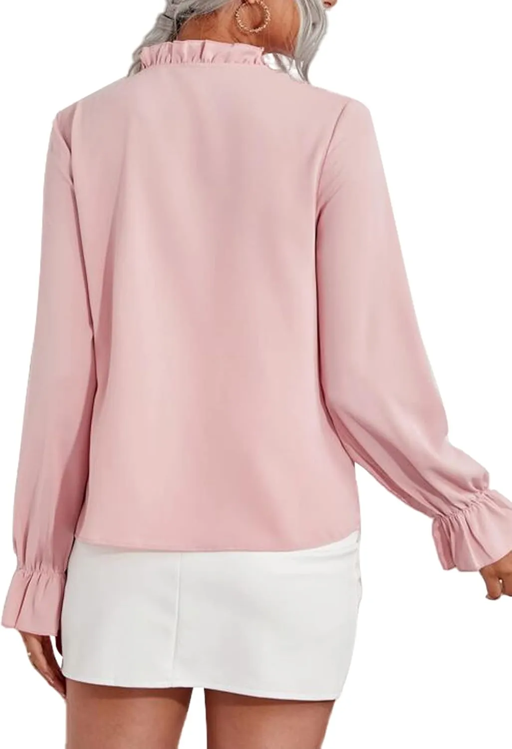 LYANER Women's Ruffle V Neck Solid Long Sleeve Chiffon Blouse Shirt Top