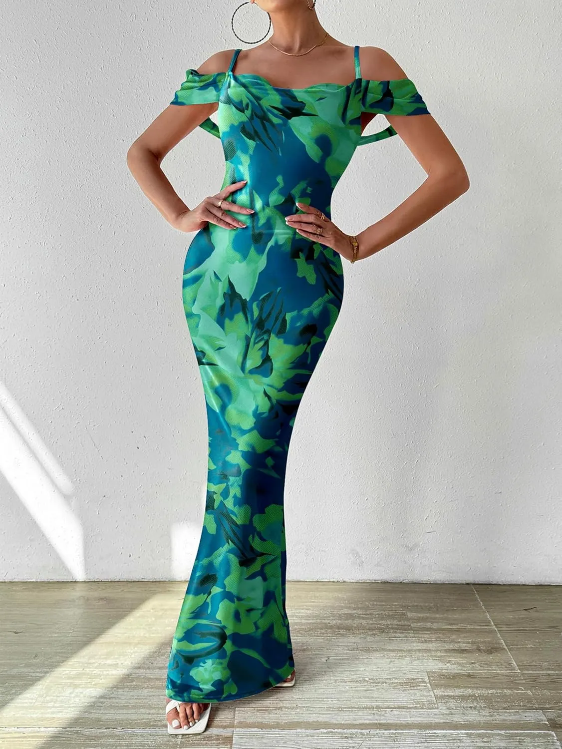 MASCOMODA Spaghetti Strap Long Maxi Dresses for Women 2025 Summer Floral Sexy Bodycon Backless Formal Wedding Guest Dress