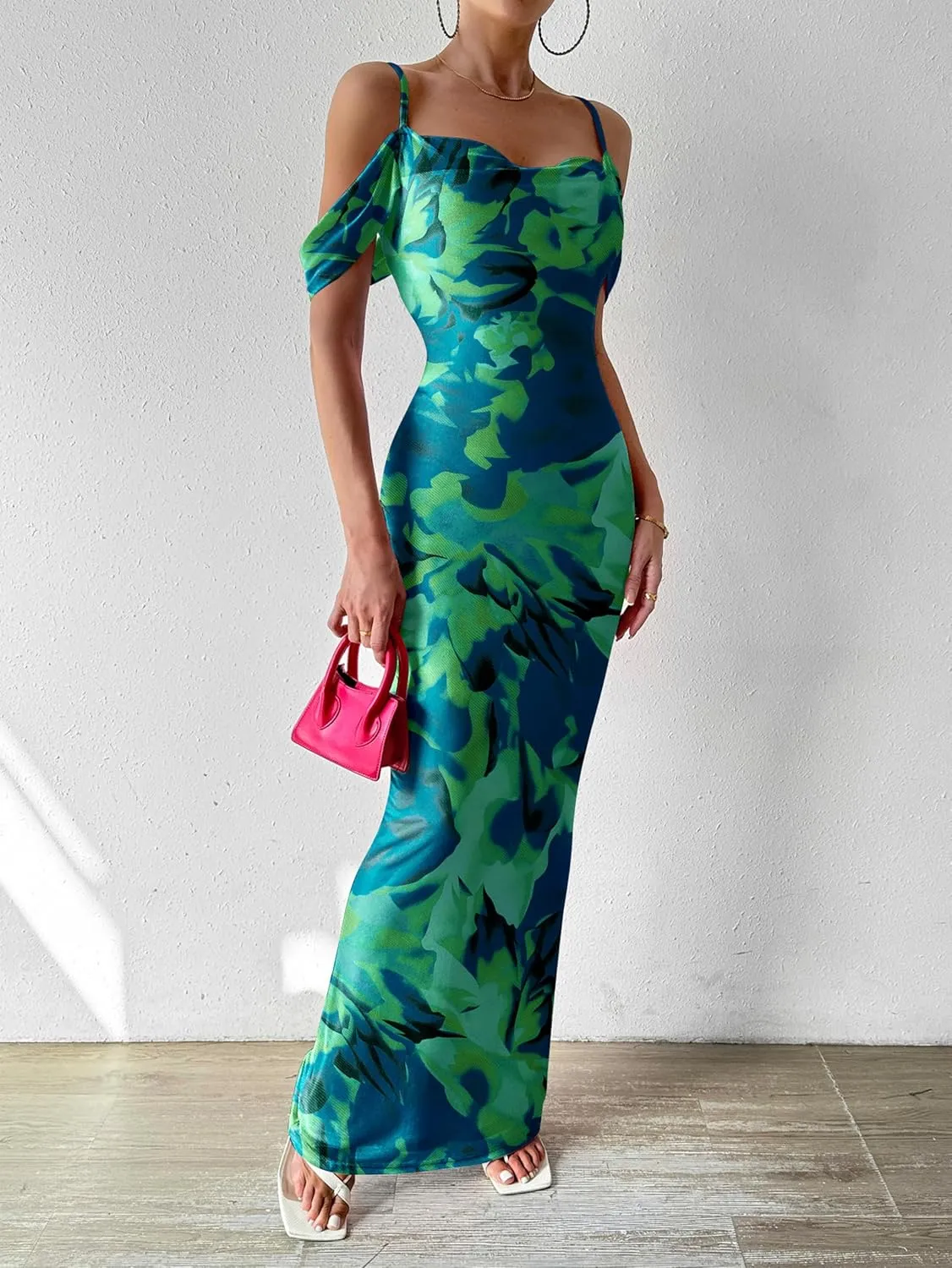 MASCOMODA Spaghetti Strap Long Maxi Dresses for Women 2025 Summer Floral Sexy Bodycon Backless Formal Wedding Guest Dress