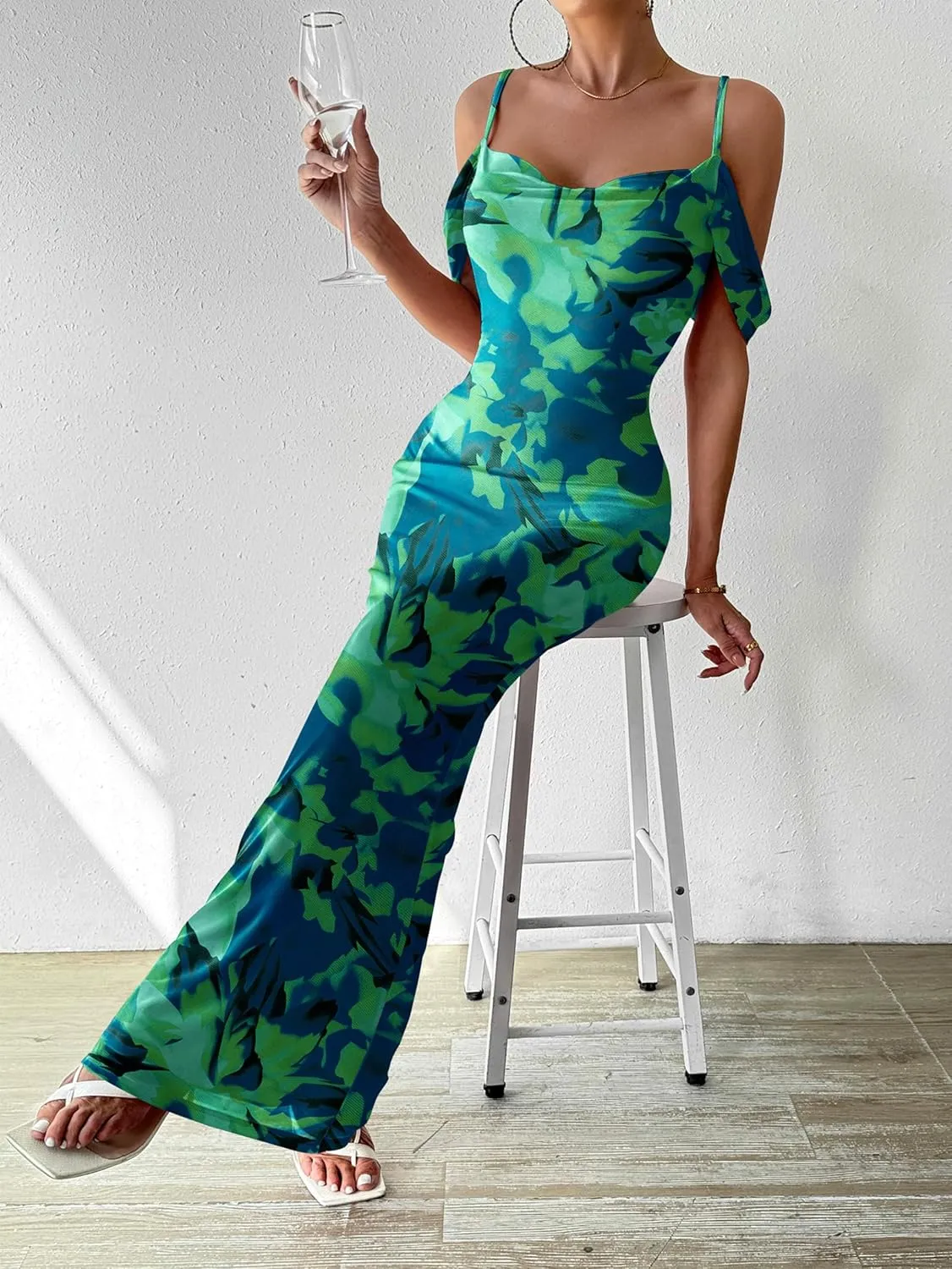 MASCOMODA Spaghetti Strap Long Maxi Dresses for Women 2025 Summer Floral Sexy Bodycon Backless Formal Wedding Guest Dress