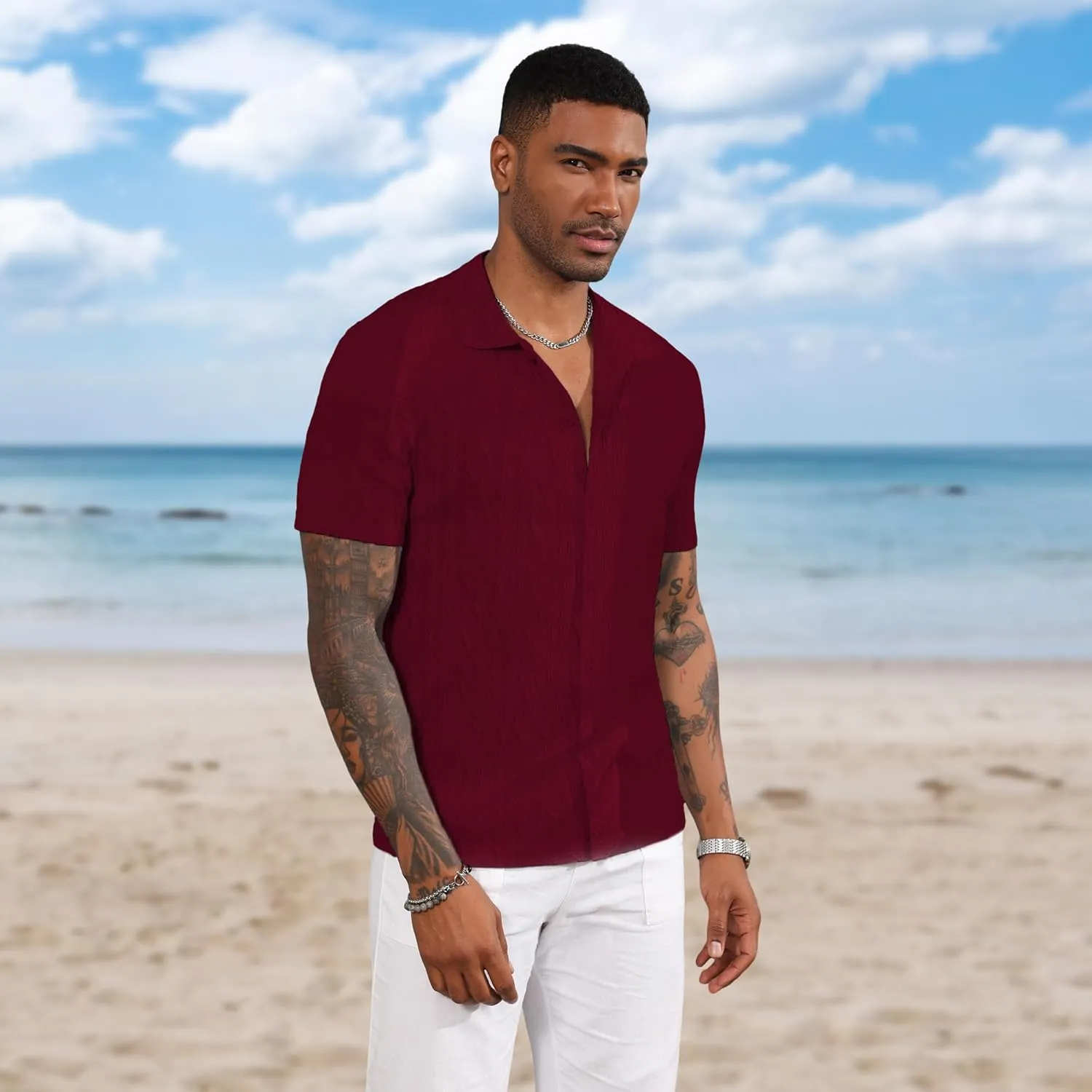 Men's Casual Button Down Shirt Short Sleeve Knit Polo Shirts Trending Fashion Summer Beach Vacation Clothes