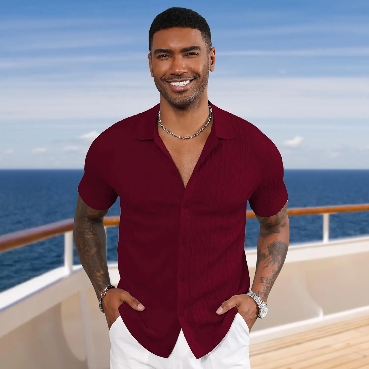 Men's Casual Button Down Shirt Short Sleeve Knit Polo Shirts Trending Fashion Summer Beach Vacation Clothes
