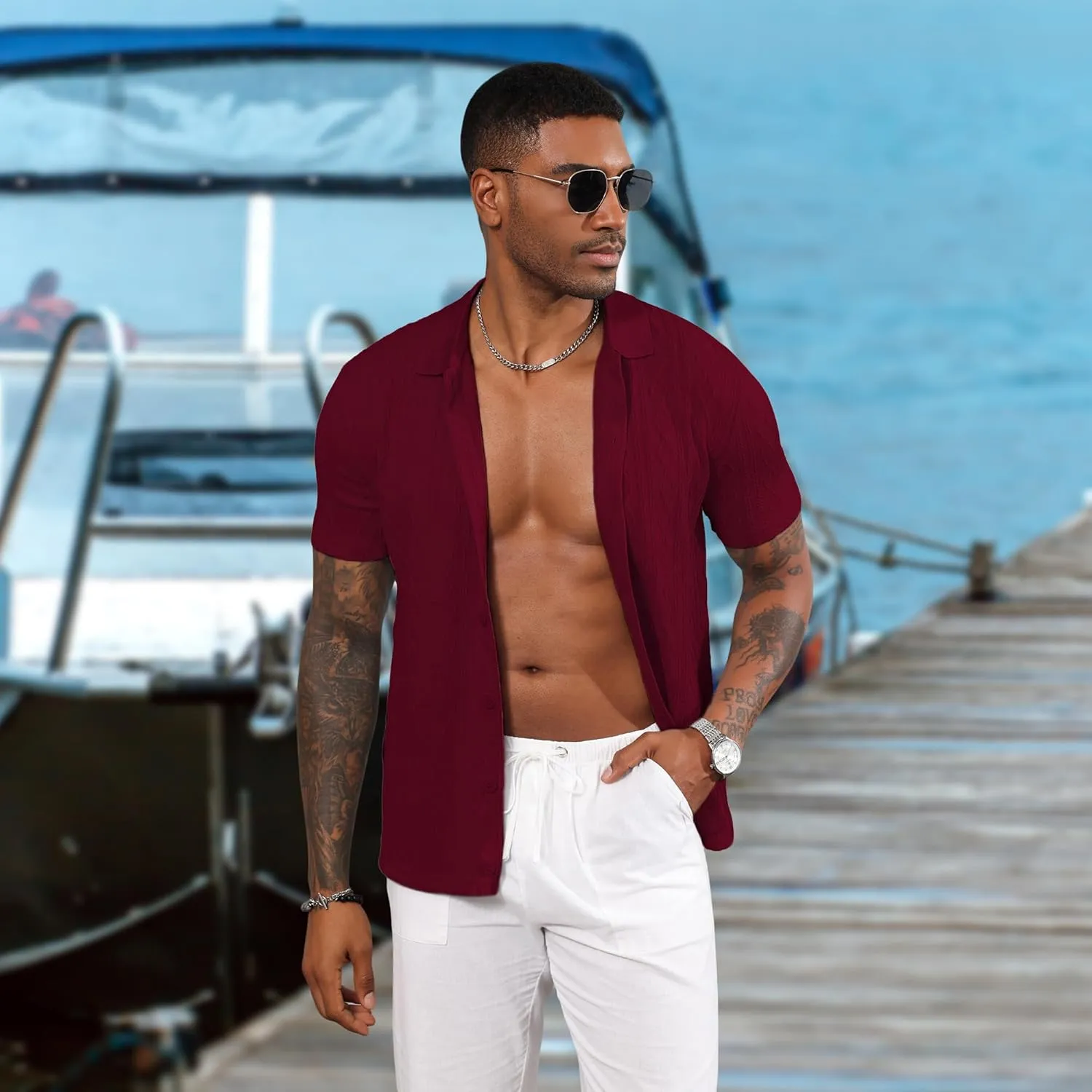 Men's Casual Button Down Shirt Short Sleeve Knit Polo Shirts Trending Fashion Summer Beach Vacation Clothes