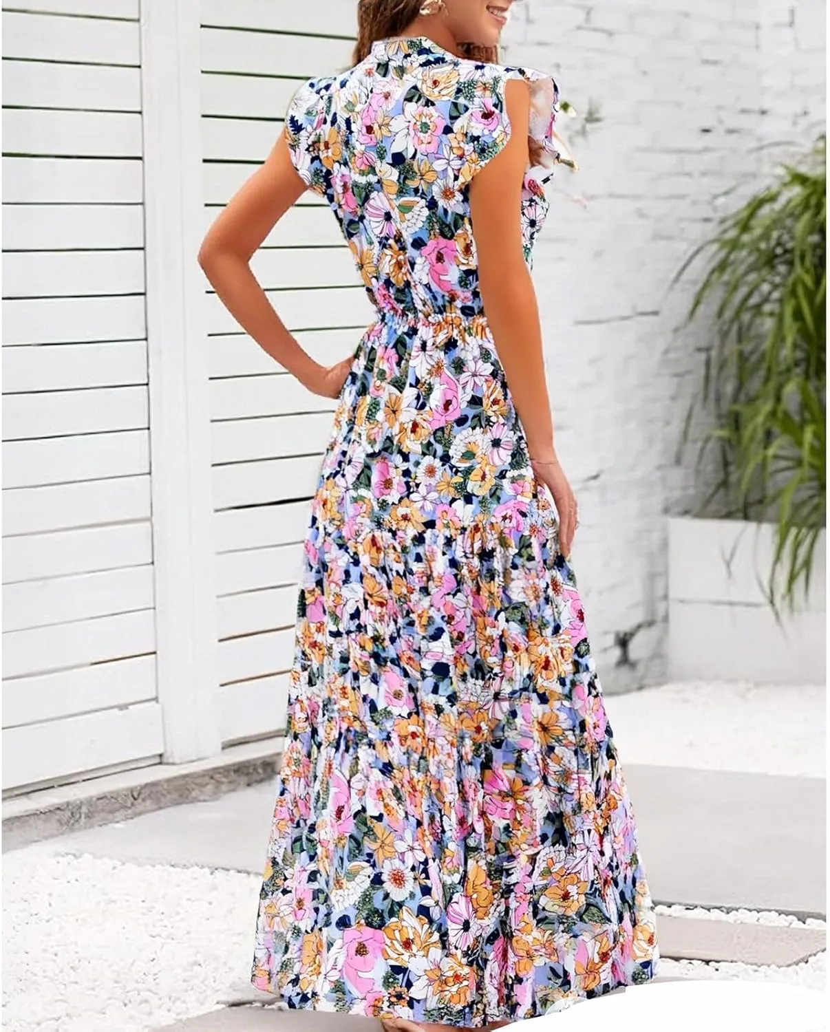 Midi Dresses for Women Floral Flowy Cap Sleeve V Neck A Line Wrap Dress Casual Summer Boho Beach Vacation Sundress