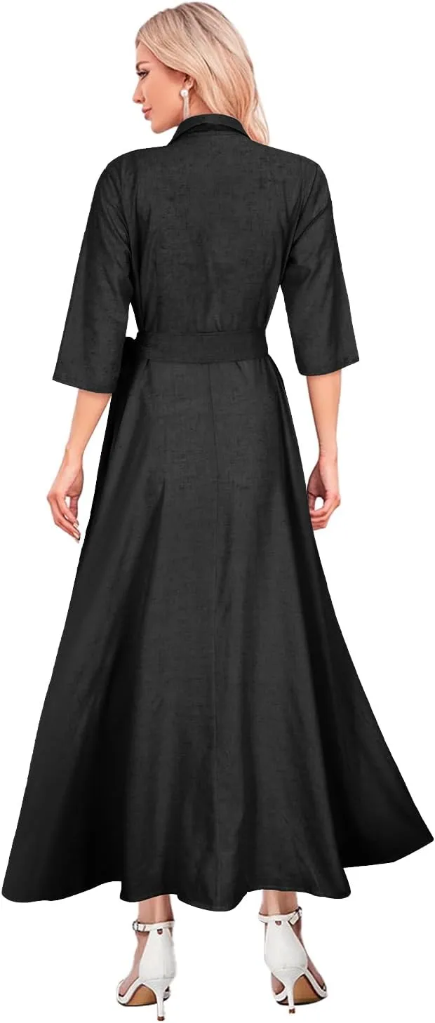 Mingyuezai Women's Linen Wrap Dress V-Neck Lace Up Half Sleeve Maxi Dress
