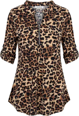Ninedaily Women's 3/4 Sleeve Plaid Shirts Zip Floral Casual Tunic Blouse Tops