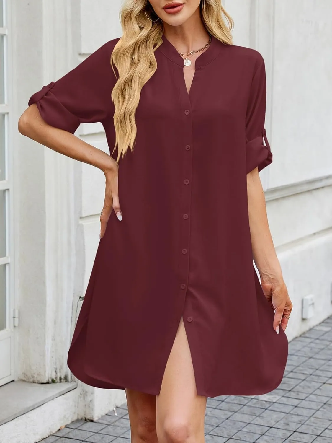 PerZeal Womens Sexy V Neck Button Down Shirt Dresses Summer Short Sleeve Casual Loose Blouses & Button-Down Shifts Cover Ups