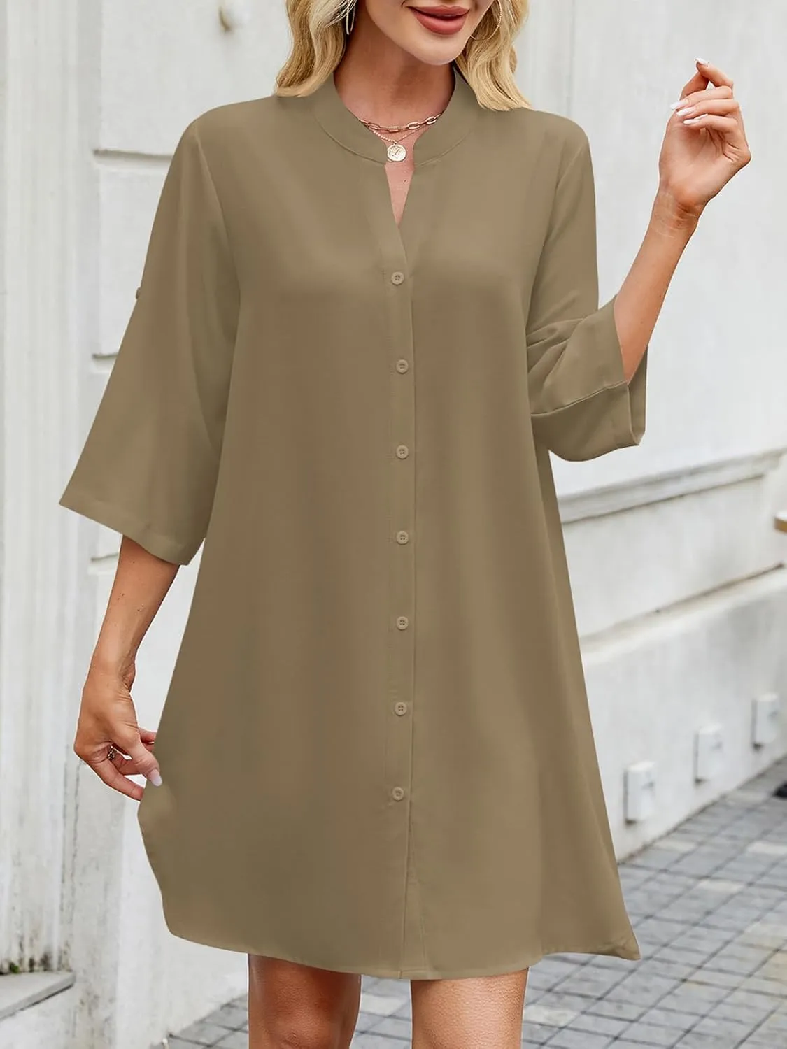PerZeal Womens Sexy V Neck Button Down Shirt Dresses Summer Short Sleeve Casual Loose Blouses & Button-Down Shifts Cover Ups