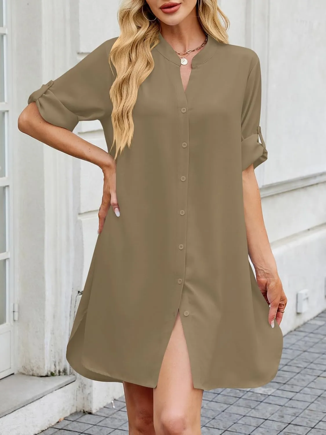PerZeal Womens Sexy V Neck Button Down Shirt Dresses Summer Short Sleeve Casual Loose Blouses & Button-Down Shifts Cover Ups