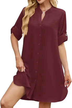 PerZeal Womens Sexy V Neck Button Down Shirt Dresses Summer Short Sleeve Casual Loose Blouses & Button-Down Shifts Cover Ups