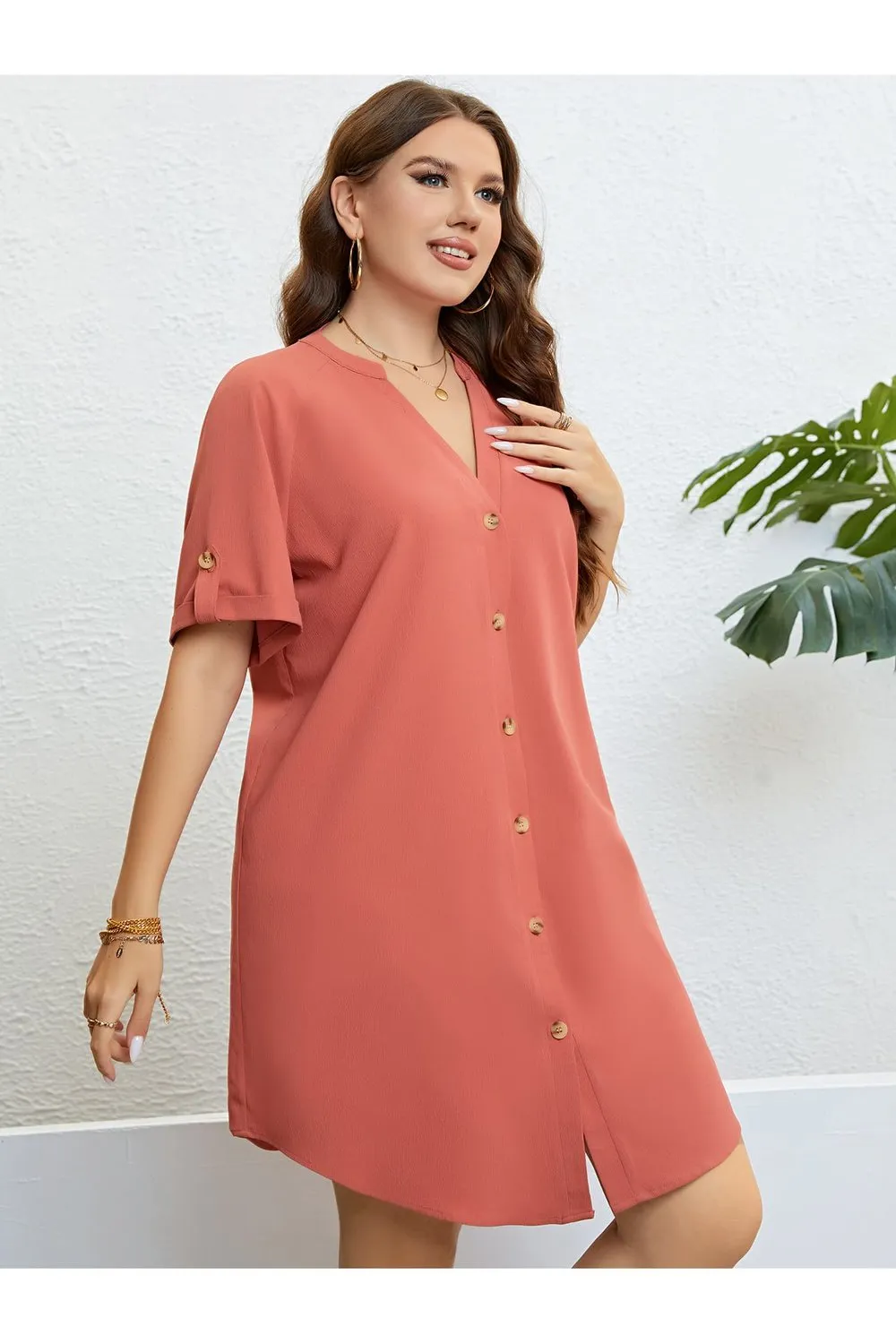 Plus Size Buttoned Notched Neck Shift Dress