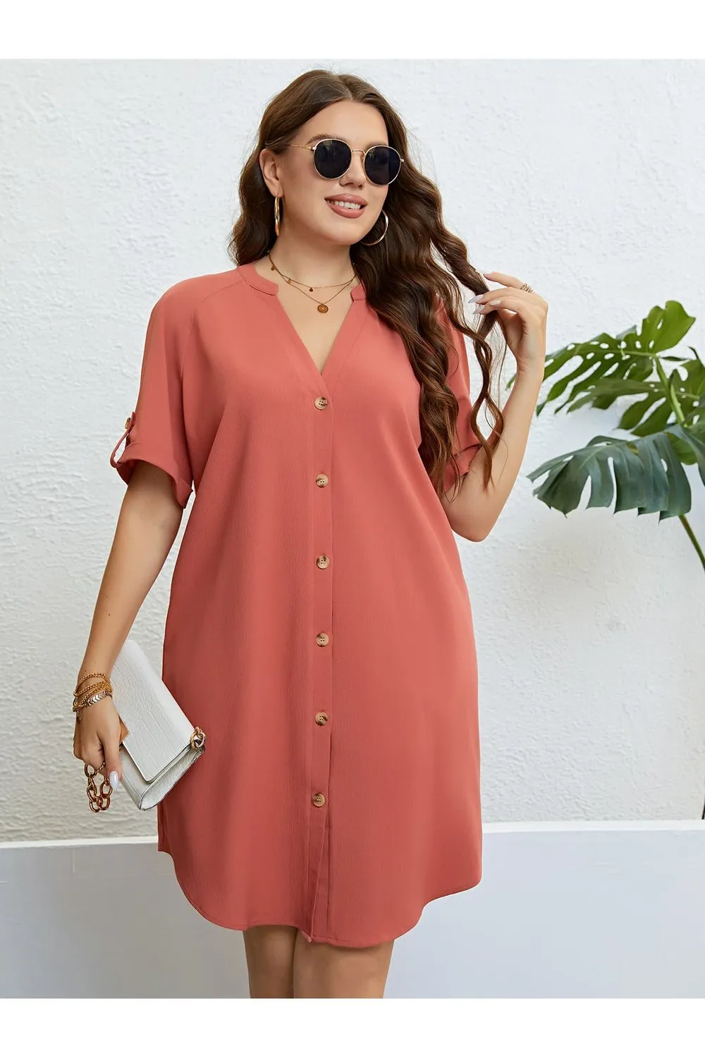 Plus Size Buttoned Notched Neck Shift Dress
