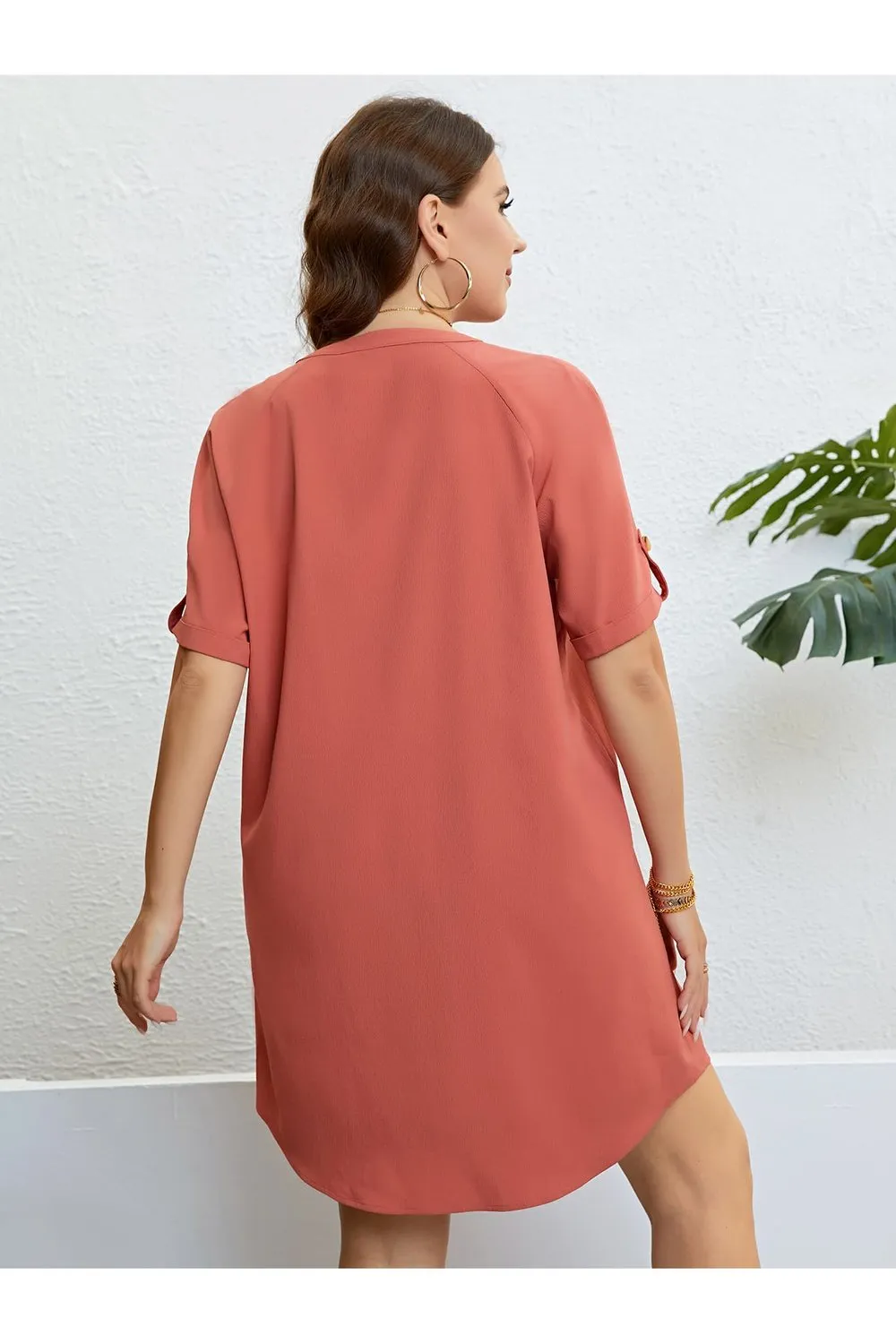 Plus Size Buttoned Notched Neck Shift Dress