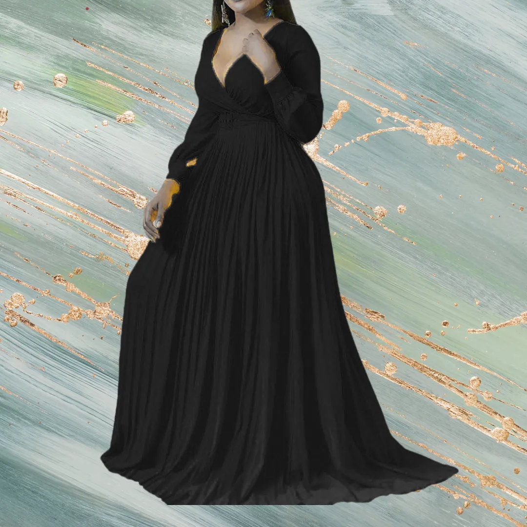Plus Size Pleated Floor-Length Expansion Yellow Maxi Dress