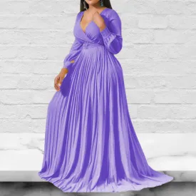 Plus Size Pleated Floor-Length Expansion Yellow Maxi Dress