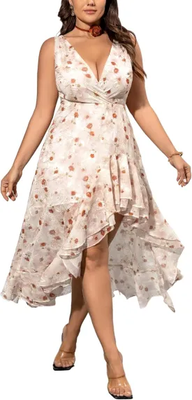Plus Size Sleeveless Floral Dress for Women Cocktail Wedding Guest Beach Tie Ruffle Flowy Midi Sundresses