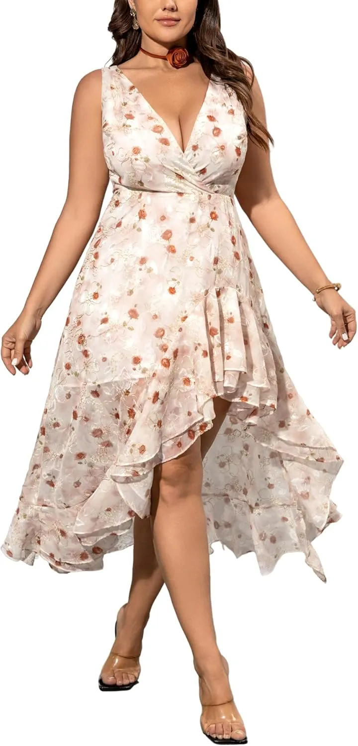 Plus Size Sleeveless Floral Dress for Women Cocktail Wedding Guest Beach Tie Ruffle Flowy Midi Sundresses