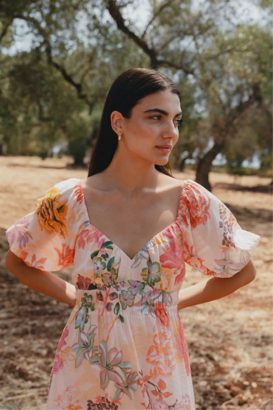 Posy Peach Floral Sweetheart Puff Sleeve Midi Dress