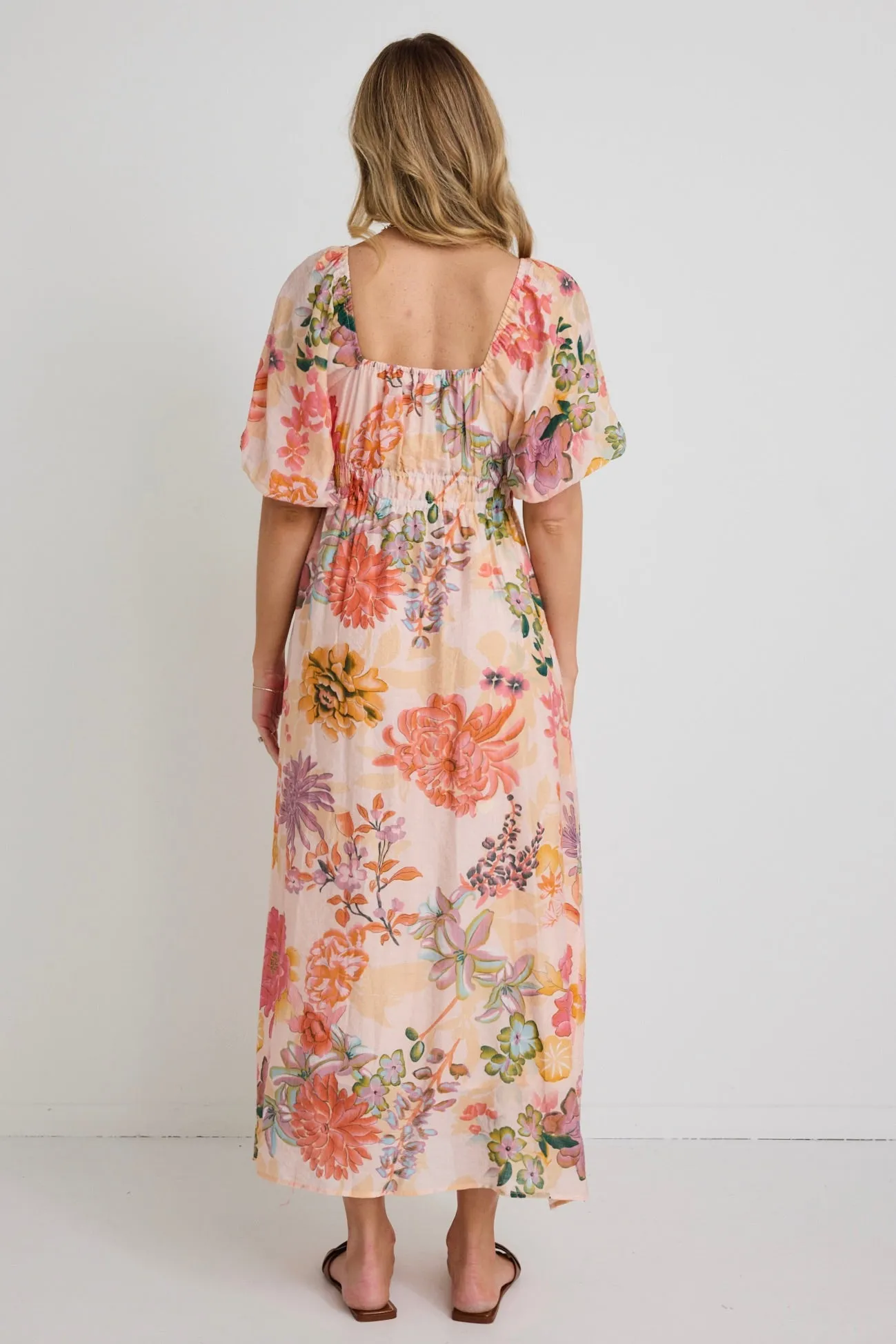 Posy Peach Floral Sweetheart Puff Sleeve Midi Dress