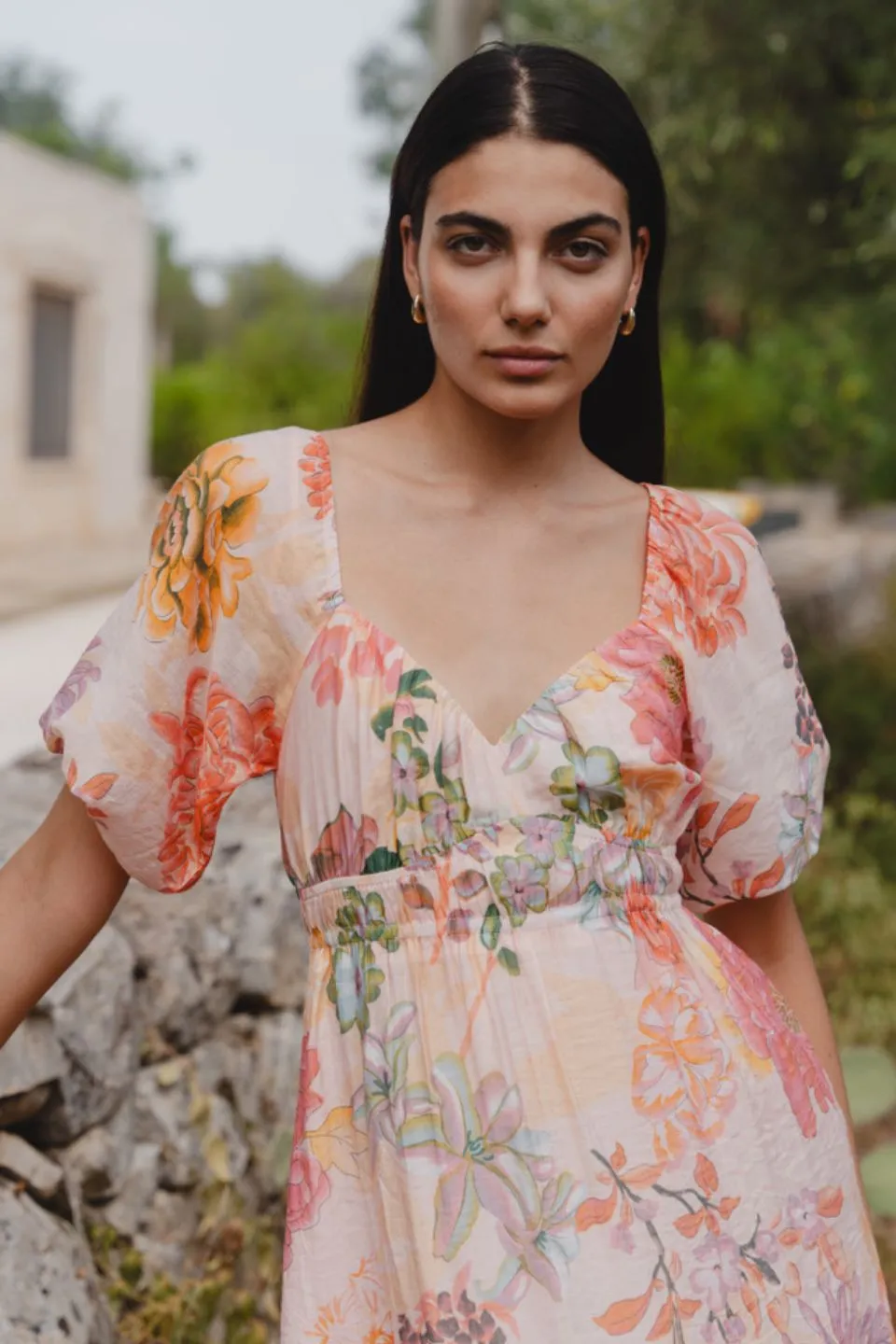 Posy Peach Floral Sweetheart Puff Sleeve Midi Dress