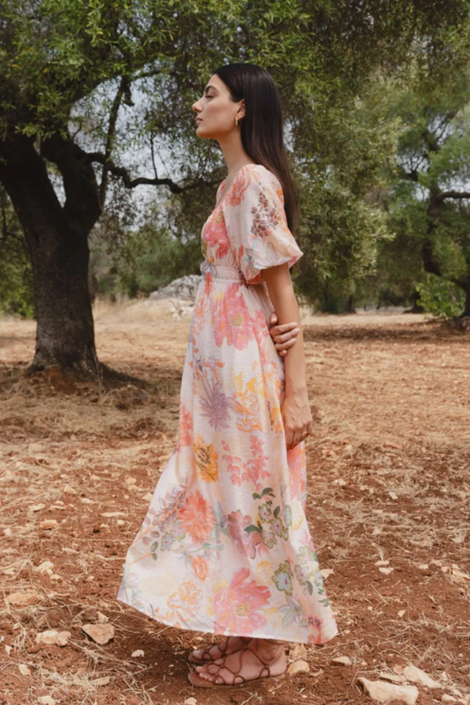 Posy Peach Floral Sweetheart Puff Sleeve Midi Dress