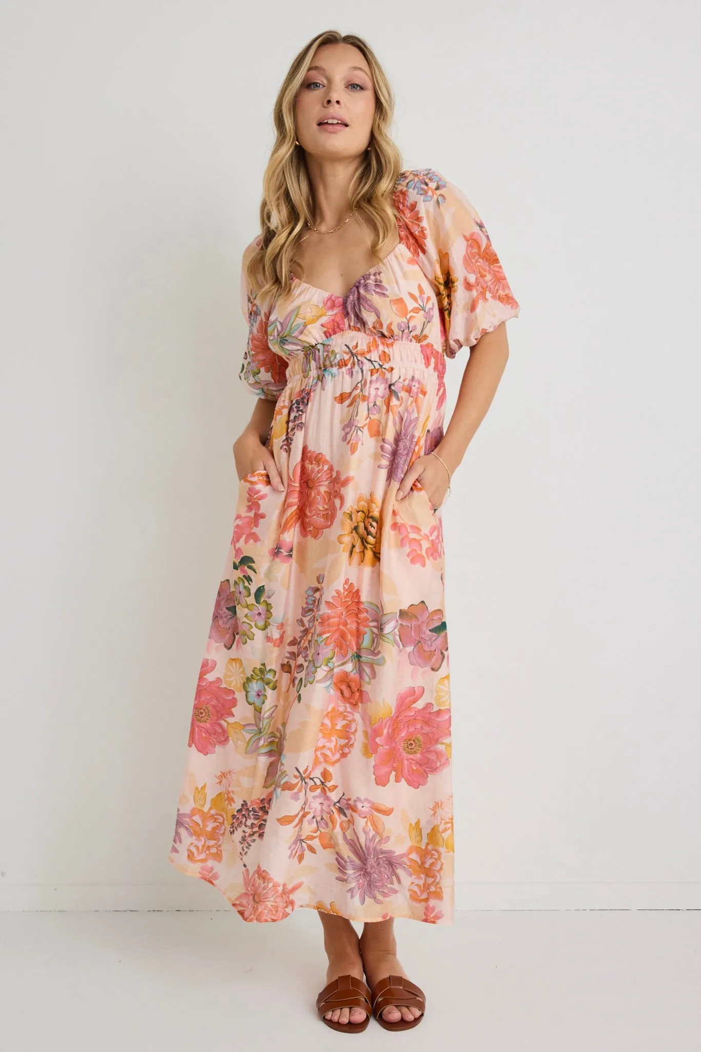 Posy Peach Floral Sweetheart Puff Sleeve Midi Dress