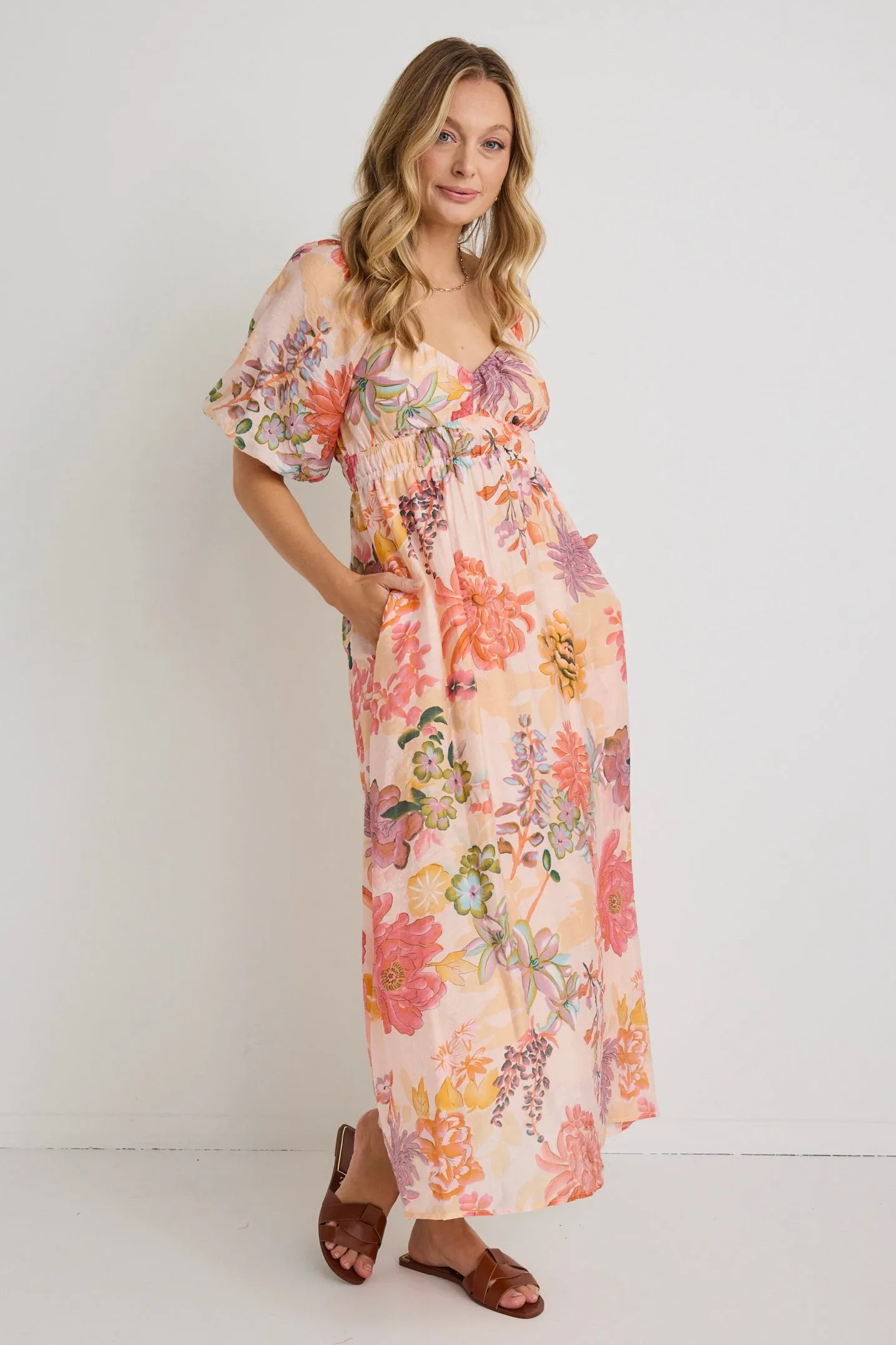 Posy Peach Floral Sweetheart Puff Sleeve Midi Dress