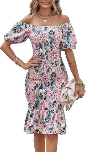 PRETTYGARDEN Bodycon Midi Dresses 2025 Summer Floral Puff Sleeve Mermaid Cocktail Baby Shower Photoshoot Maternity Dress