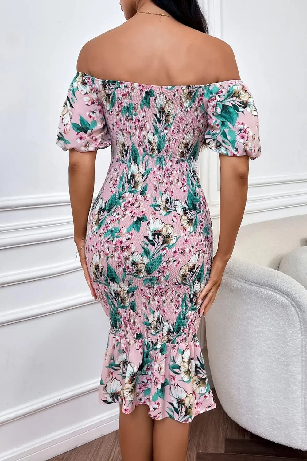 PRETTYGARDEN Bodycon Midi Dresses 2025 Summer Floral Puff Sleeve Mermaid Cocktail Baby Shower Photoshoot Maternity Dress