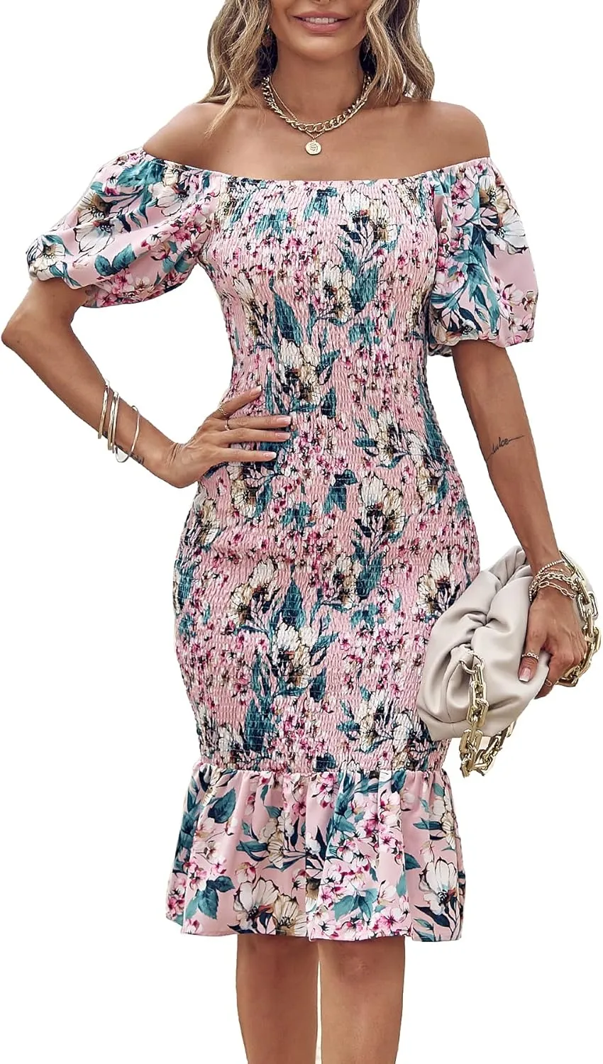 PRETTYGARDEN Bodycon Midi Dresses 2025 Summer Floral Puff Sleeve Mermaid Cocktail Baby Shower Photoshoot Maternity Dress