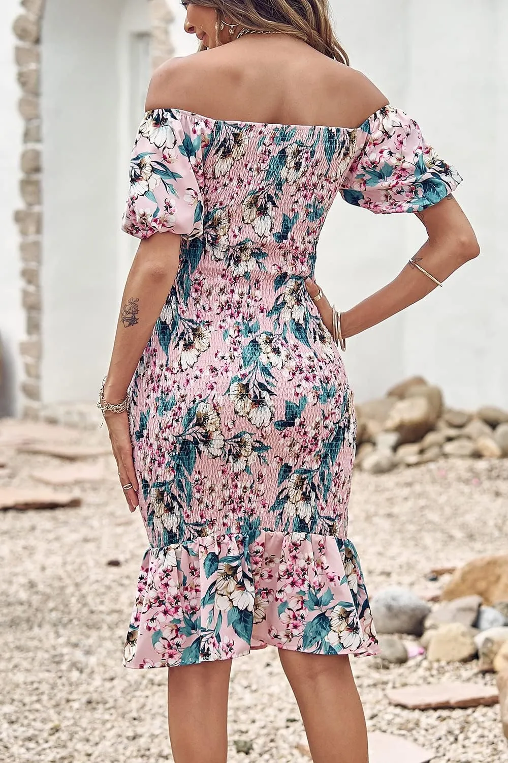 PRETTYGARDEN Bodycon Midi Dresses 2025 Summer Floral Puff Sleeve Mermaid Cocktail Baby Shower Photoshoot Maternity Dress