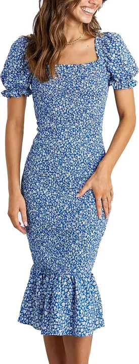 PRETTYGARDEN Bodycon Midi Dresses 2025 Summer Floral Puff Sleeve Mermaid Cocktail Baby Shower Photoshoot Maternity Dress