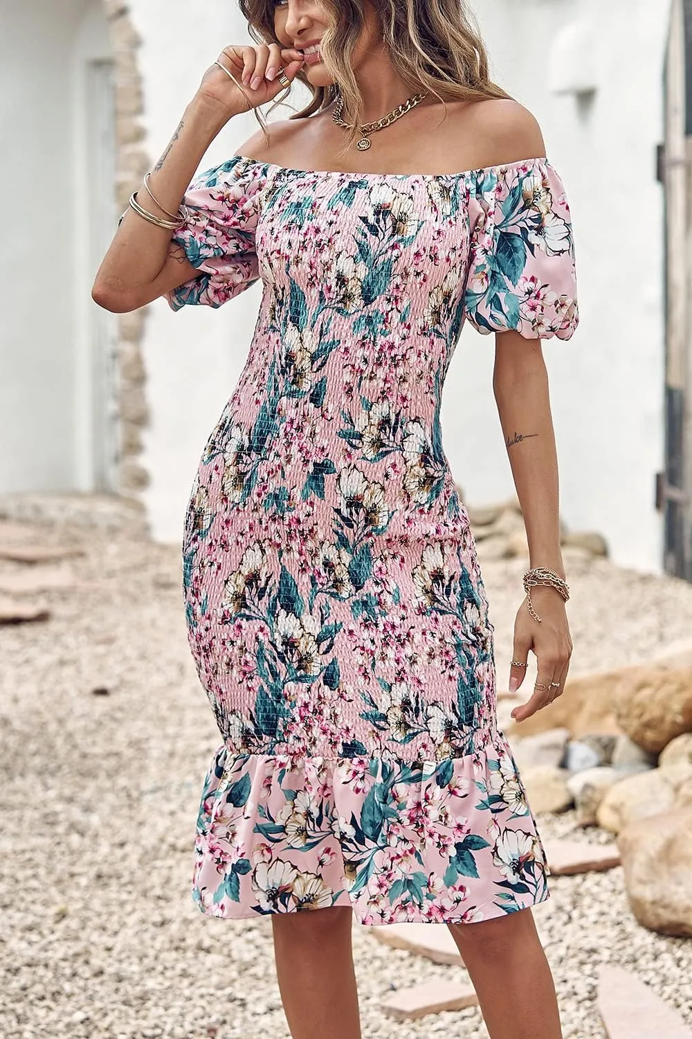 PRETTYGARDEN Bodycon Midi Dresses 2025 Summer Floral Puff Sleeve Mermaid Cocktail Baby Shower Photoshoot Maternity Dress