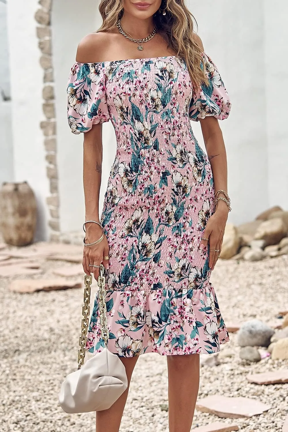 PRETTYGARDEN Bodycon Midi Dresses 2025 Summer Floral Puff Sleeve Mermaid Cocktail Baby Shower Photoshoot Maternity Dress