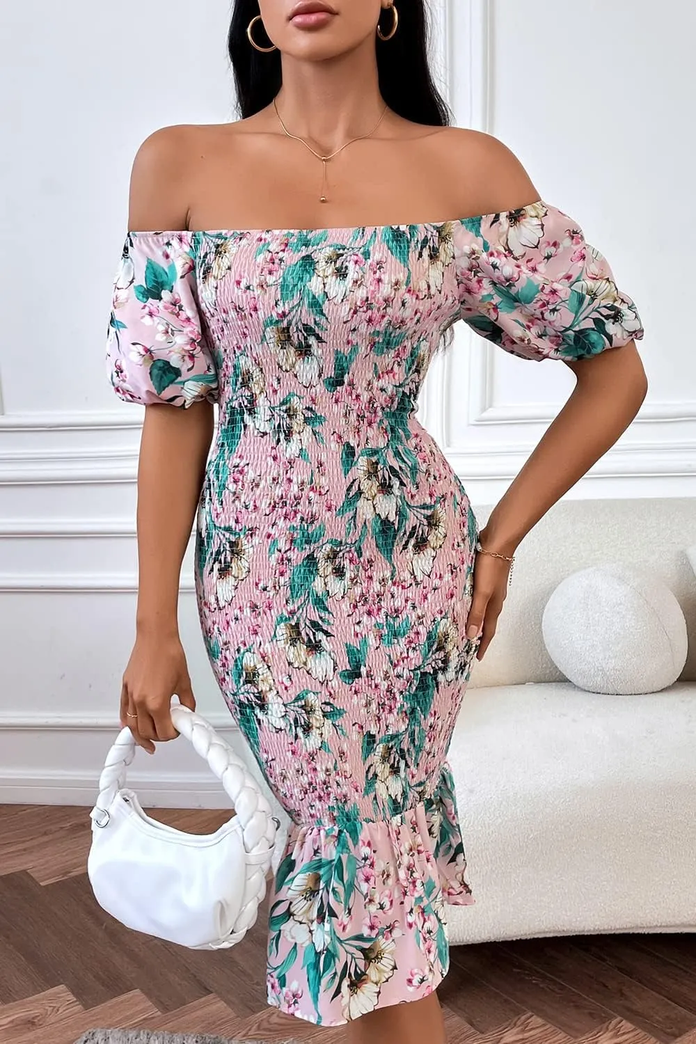 PRETTYGARDEN Bodycon Midi Dresses 2025 Summer Floral Puff Sleeve Mermaid Cocktail Baby Shower Photoshoot Maternity Dress
