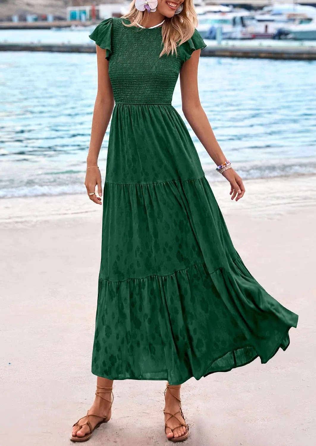 PRETTYGARDEN Midi Dress for Women 2025 Summer Floral Cap Sleeve Smocked Ruffle A Line Long Flowy Wedding Guest Dresses