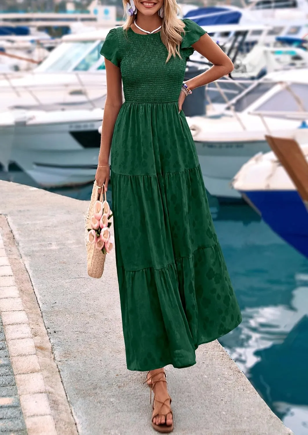 PRETTYGARDEN Midi Dress for Women 2025 Summer Floral Cap Sleeve Smocked Ruffle A Line Long Flowy Wedding Guest Dresses