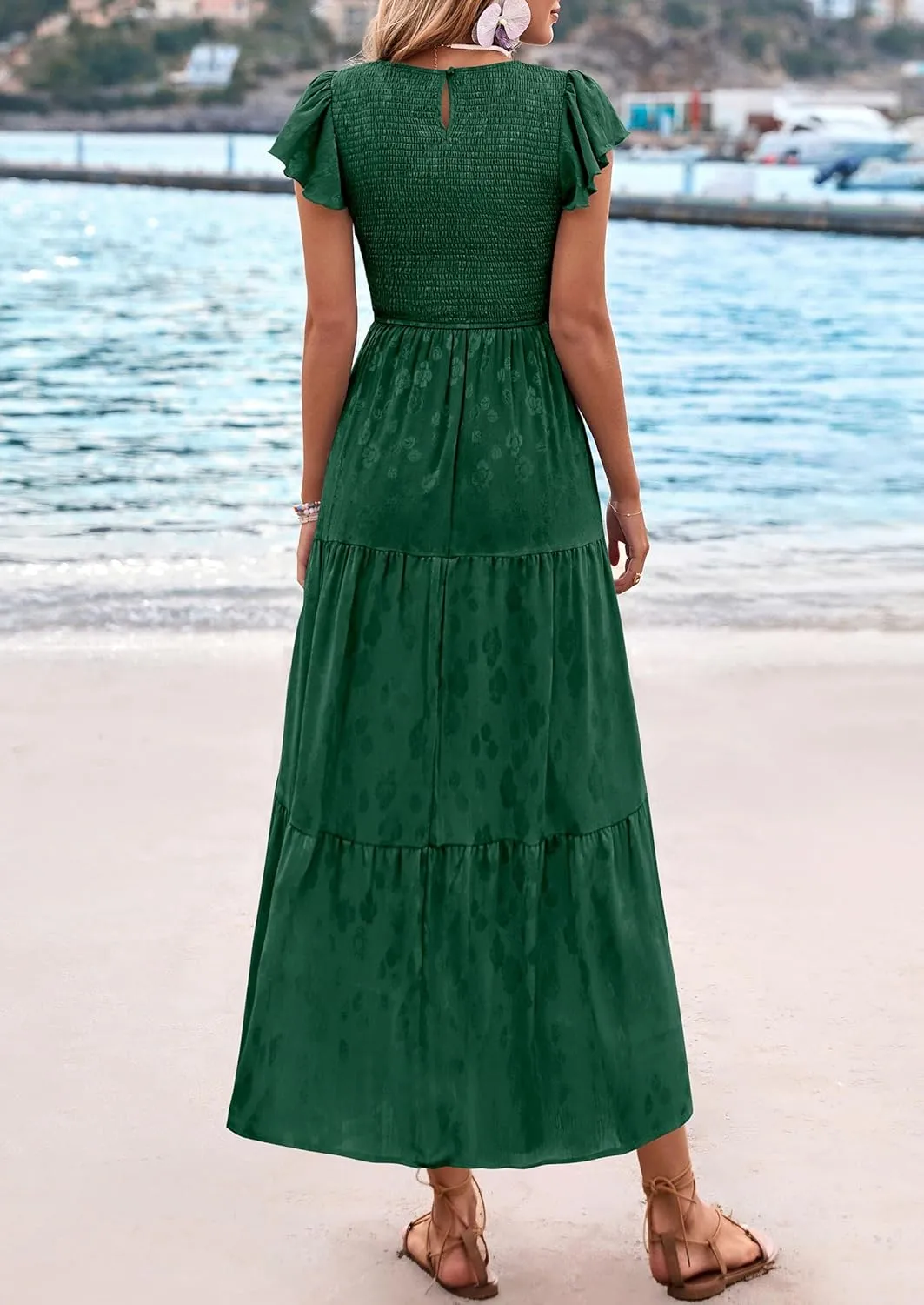 PRETTYGARDEN Midi Dress for Women 2025 Summer Floral Cap Sleeve Smocked Ruffle A Line Long Flowy Wedding Guest Dresses