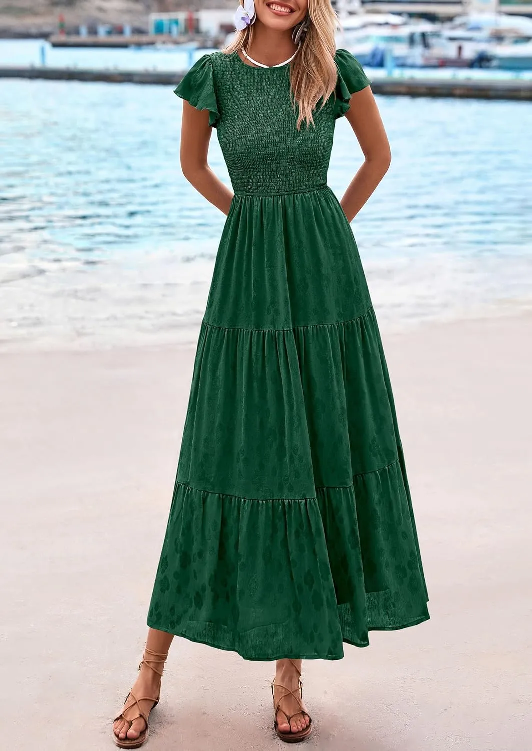 PRETTYGARDEN Midi Dress for Women 2025 Summer Floral Cap Sleeve Smocked Ruffle A Line Long Flowy Wedding Guest Dresses