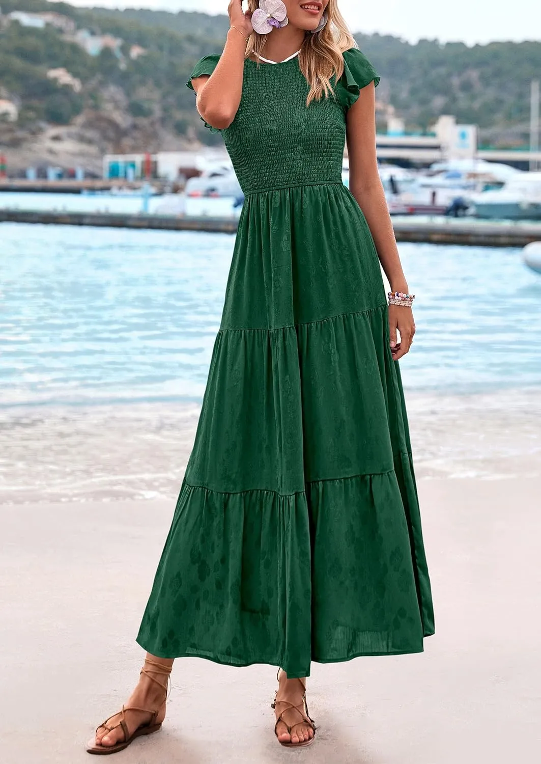 PRETTYGARDEN Midi Dress for Women 2025 Summer Floral Cap Sleeve Smocked Ruffle A Line Long Flowy Wedding Guest Dresses