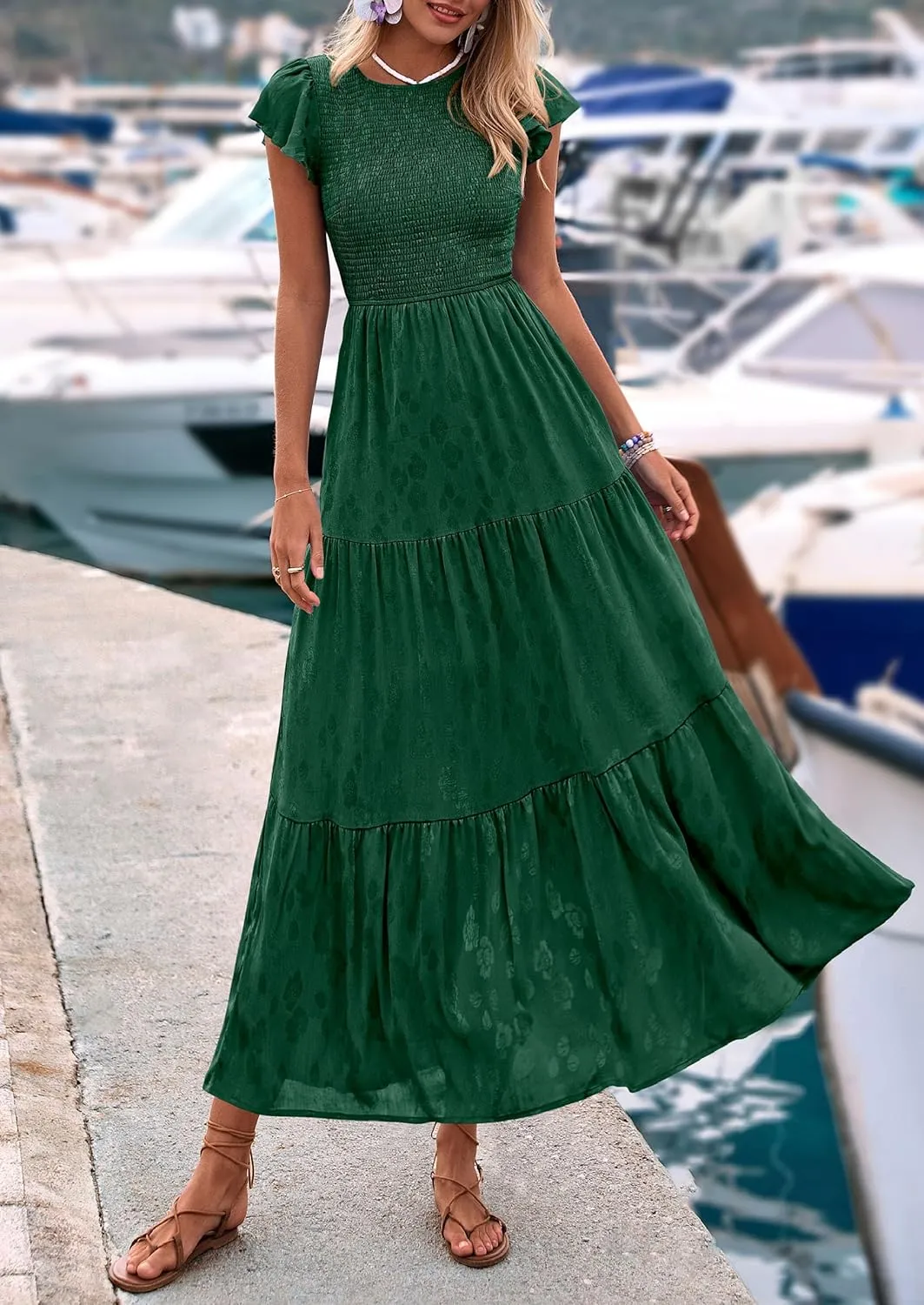 PRETTYGARDEN Midi Dress for Women 2025 Summer Floral Cap Sleeve Smocked Ruffle A Line Long Flowy Wedding Guest Dresses
